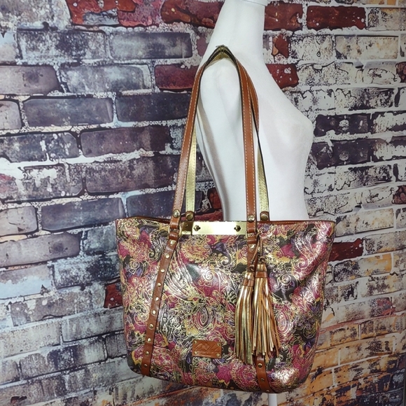 Patricia Nash "Benvenuto" Metallic Paisley Tooled Leather Tote Bag - Picture 1 of 16